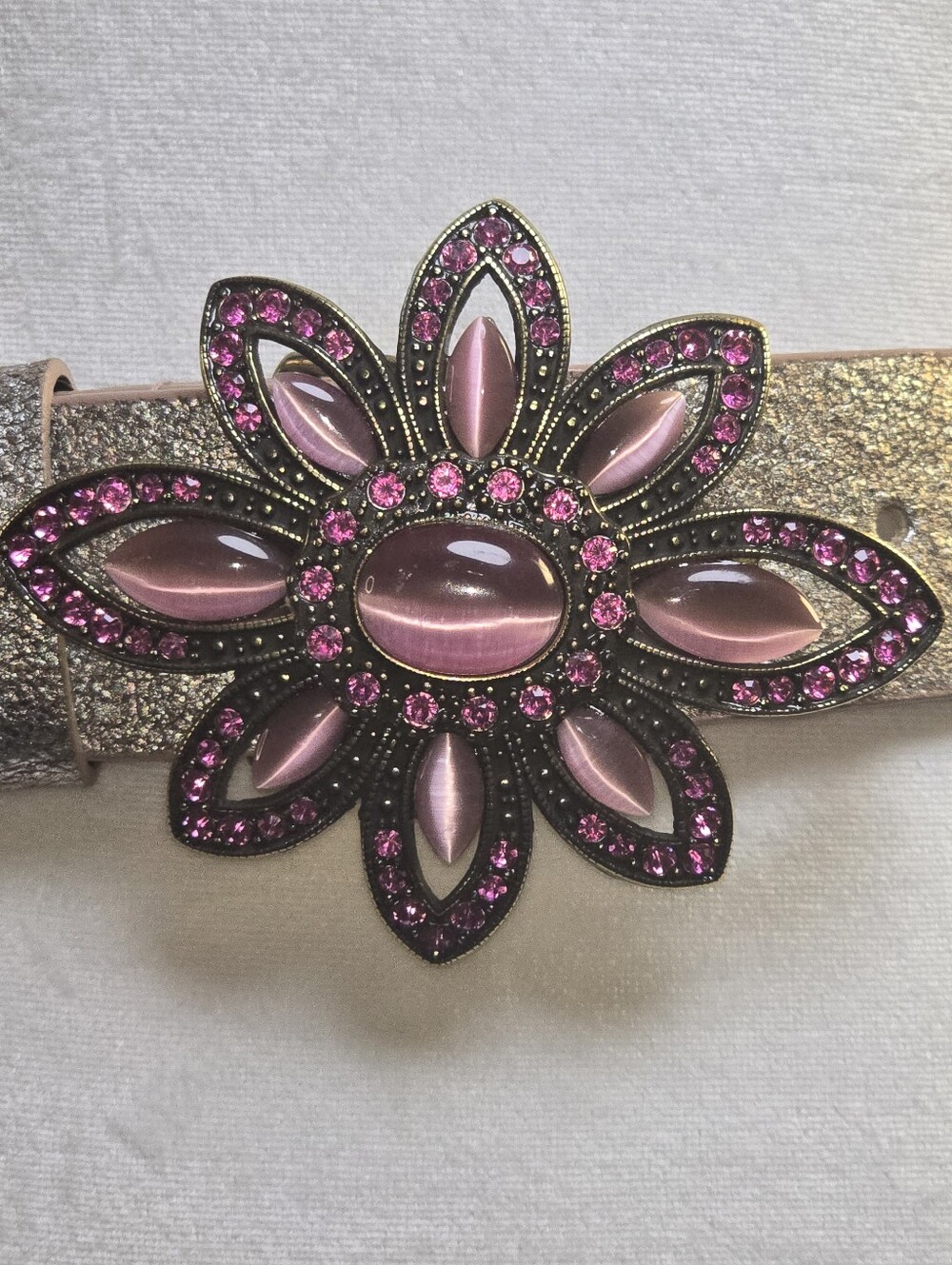 Vintage Leatherock Oversized Pink Rhinestone Flower Metallic Belt S - Picture 8 of 16